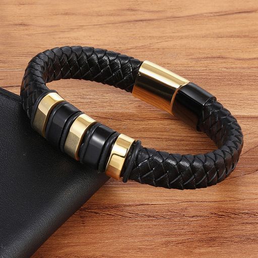 Pulsera Hombre Cuero Negro y Acero Inoxidable Dorado Moda Hombre GENERICO