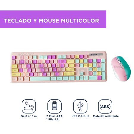 Kit Teclado y Mouse Inalámbrico Rosado Multicolor para PC DN-C400