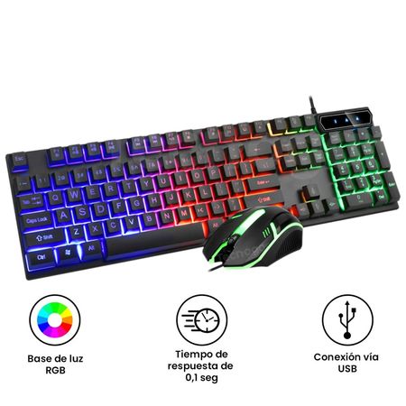 Kit Teclado y Mouse Gamer Negro Retroiluminado con Luces Led RGB