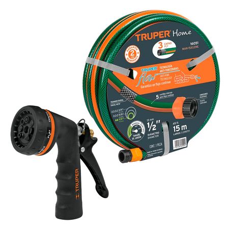 Combo Truper Pistola de Riego Metálica y Manguera Reforzada 15m