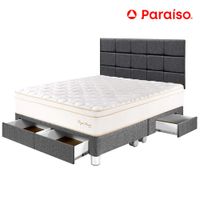Dormitorio PARAISO Royal Prince C/Cajones Queen + Cabecera Blocks Gris + 2 Almohadas