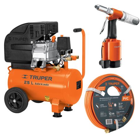 Kit Compresora 25 L Manguera 10m con Remachadora Nehumatica 3/16 Truper 11836-19014-101896