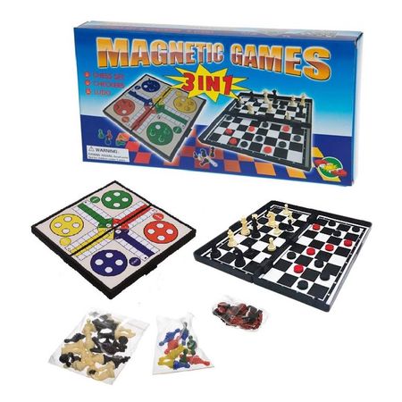 Tablero 3 en 1 Ajedrez Dama Ludo Imantado Azul