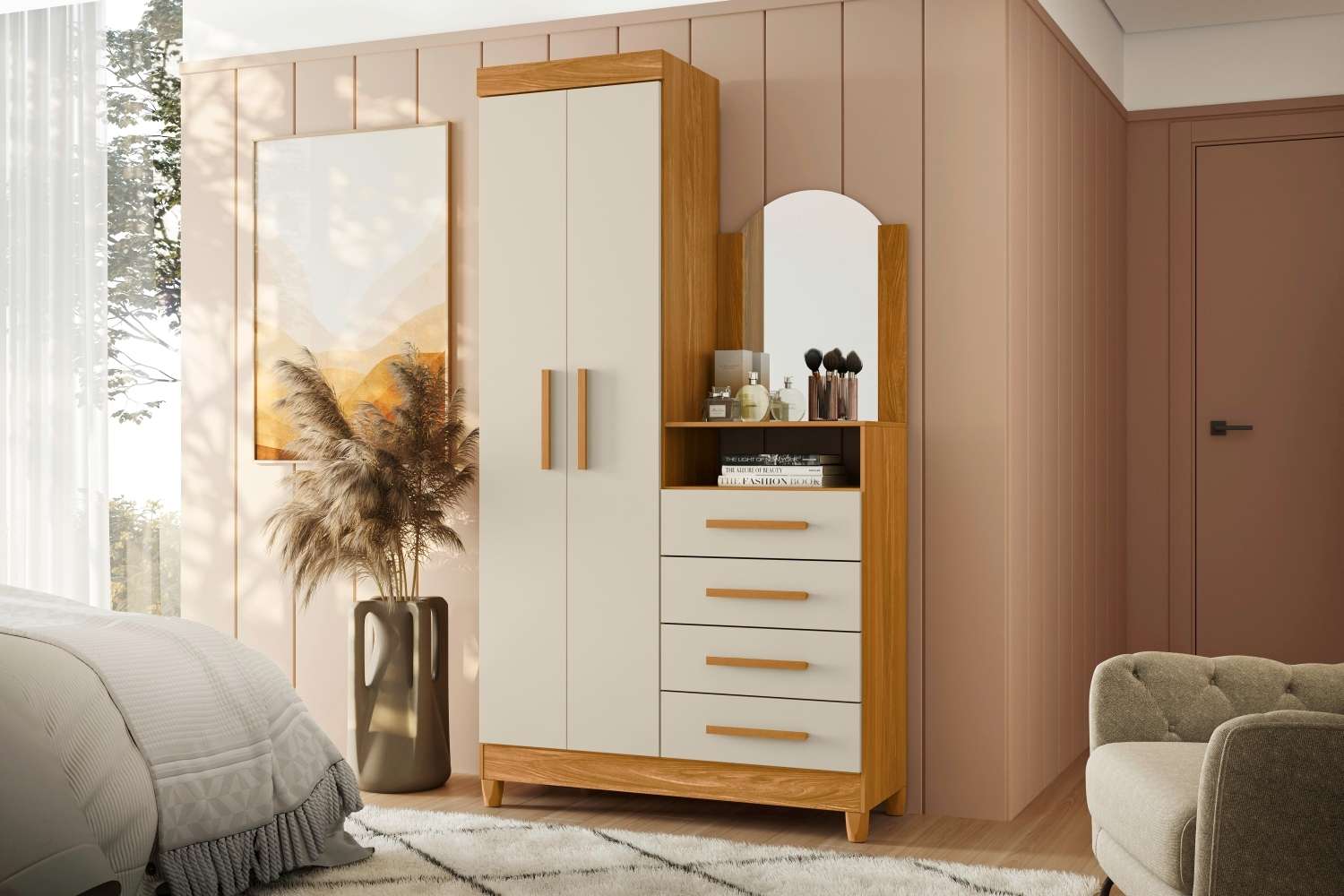Ropero Moderno mas espejo Kristen color Duna/Blanco TU MESITA