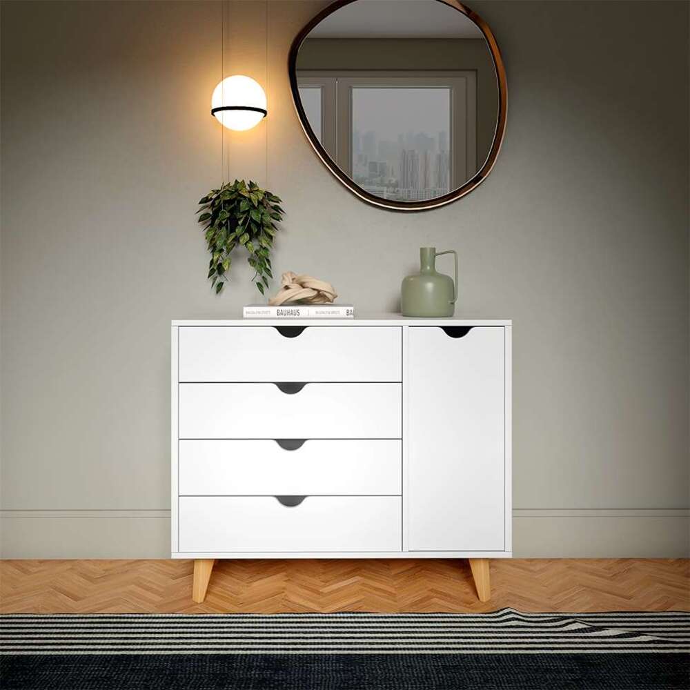 Cómoda clásica 4 cajones mas puerta Ginebra color Blanco TU MESITA