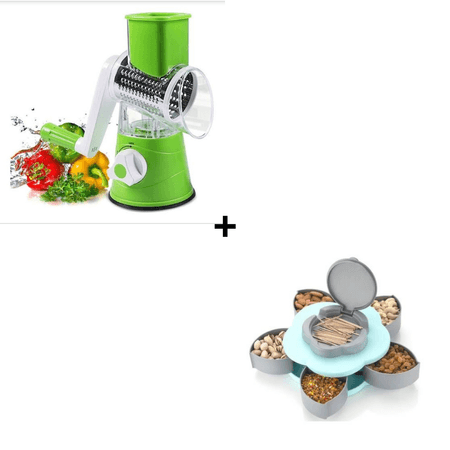 Combo Cortador Multifuncional de Verduras de Mesa + Caja de Alimentos Giratoria en Forma de Pétalos