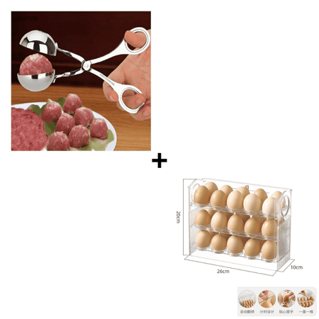 Combo Pinza para Albóndigas + Porta Huevo Acrílico 3 Niveles