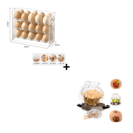 Combo Porta Huevo Acrílico 3 Niveles + Cesta Plegable de Acero