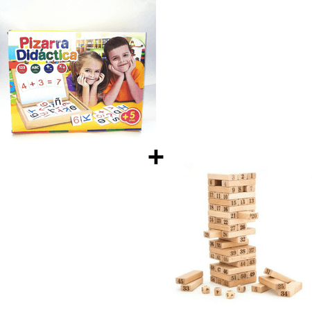 Combo Pizarra Didáctica Imantada Doble Cara + Juego de Equilibrio Jenga de Madera