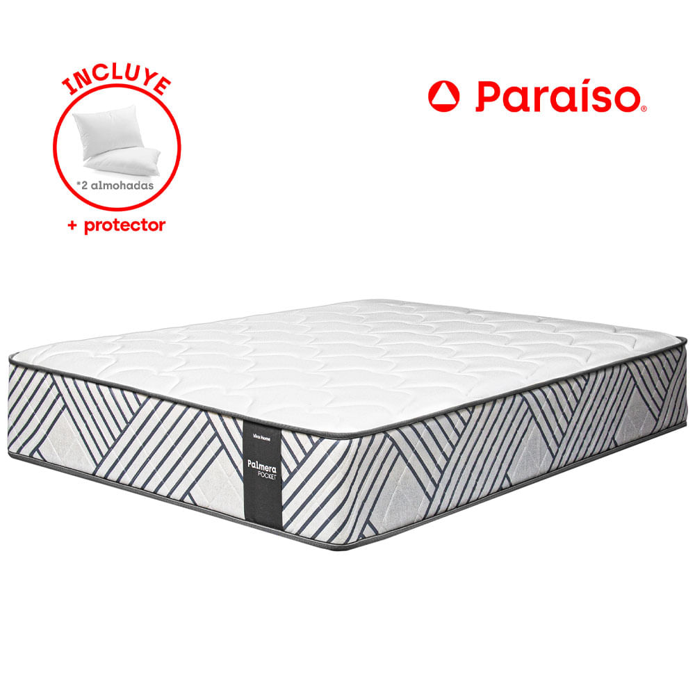Colchón VIVA HOME Palmera Pocket 2 Plazas + 2 Almohadas + 1 Protector