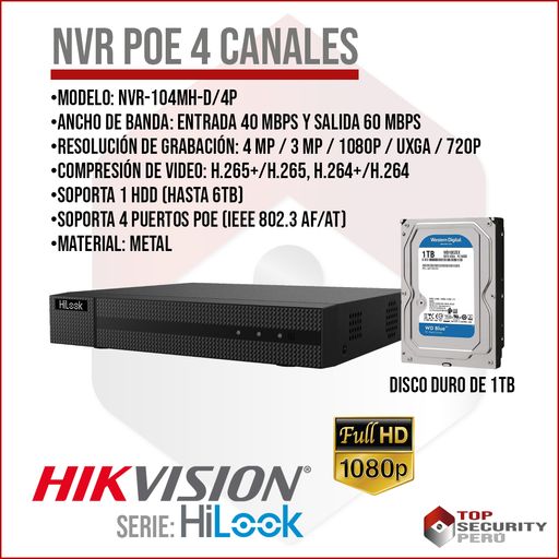 KIT DE 1 CAMARAS IP POE DE 2MGP + NVR DE 4CH POE + DISCO DURO DE 1 TB  WESTER DIGITAL PURPURA - Hikvision Lima Peru