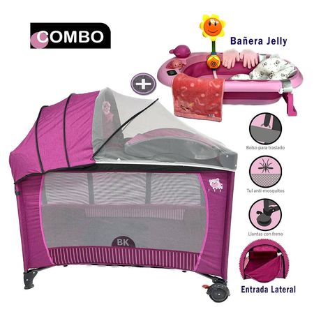 Cuna Corral para Bebé Baby Kits Roma Rosado +Bañera Jelly