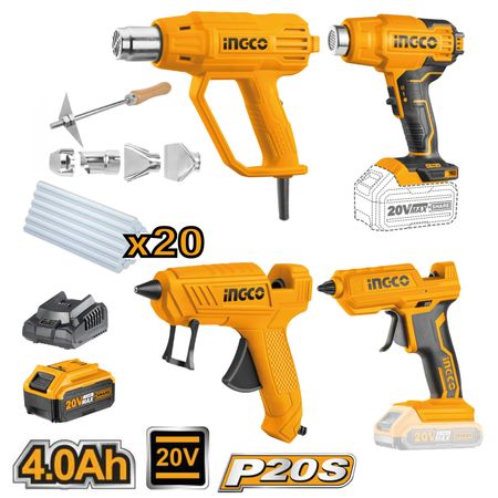 Kit Inalámbrico e Eléctrico Pistolas de Calor y Pistolas de Silicona Ingco 20V 4.0AH COSLI23021