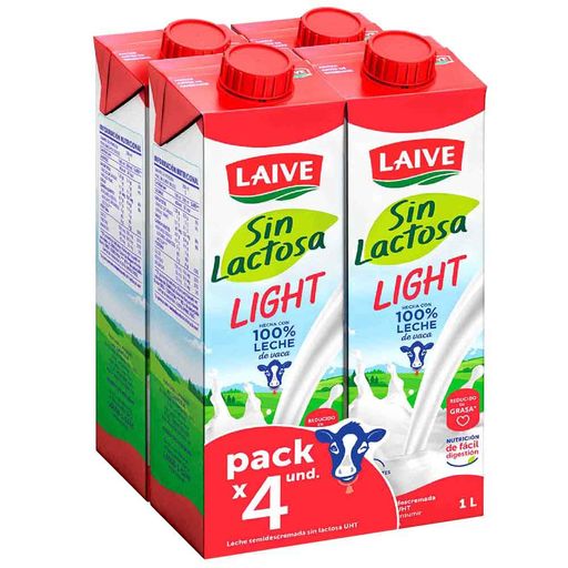 Leche UHT LAIVE Light sin Lactosa Tetrapack 1L Paquete 4un