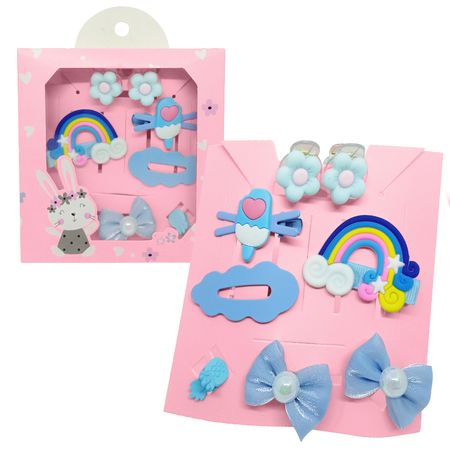 Set de 8 Ganchitos Kawaii Niñas Accesorio de Cabello S47 Celeste-Arcoíris