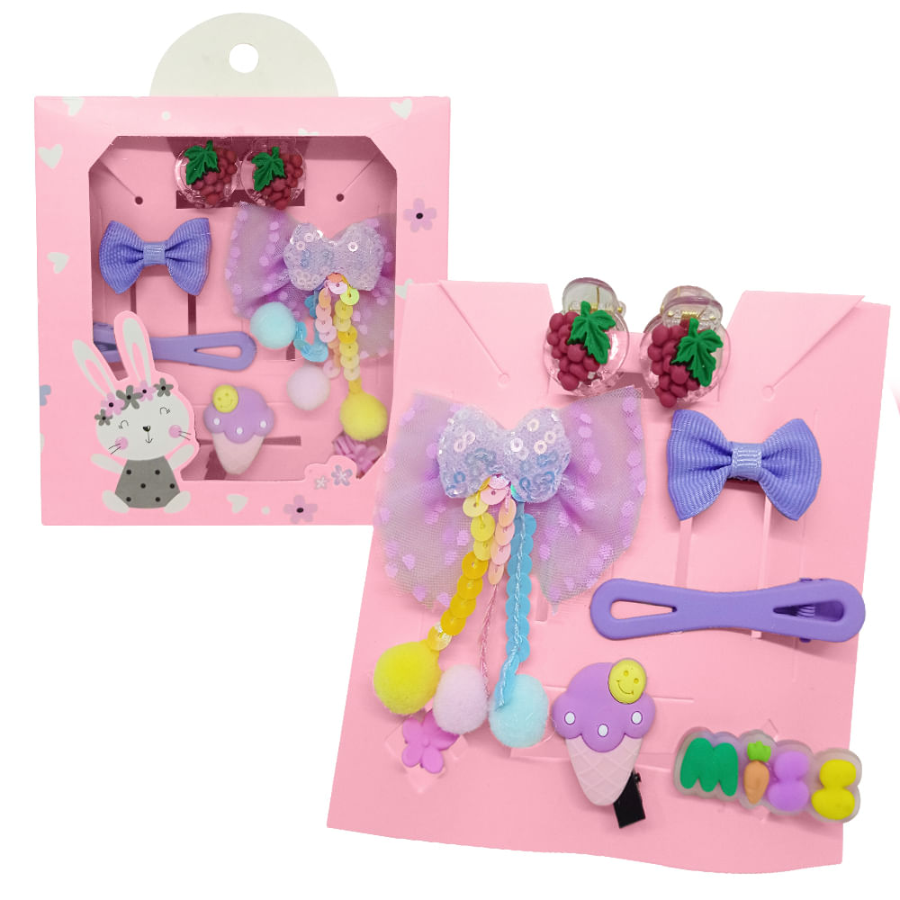 Set de 8 Ganchitos Kawaii Niñas Accesorio de Cabello S47 Morado-Uva