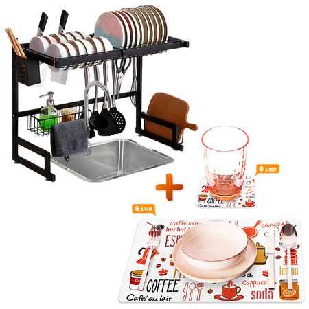 Escurridor de Platos 65cm Y Set 6 Individuales 15A Café Naranja