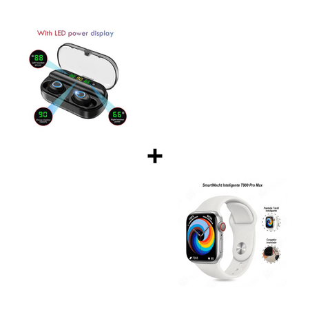 Combo Audífono Inalámbrico F10 + Smartwatch T900 Pro Max L Blanco