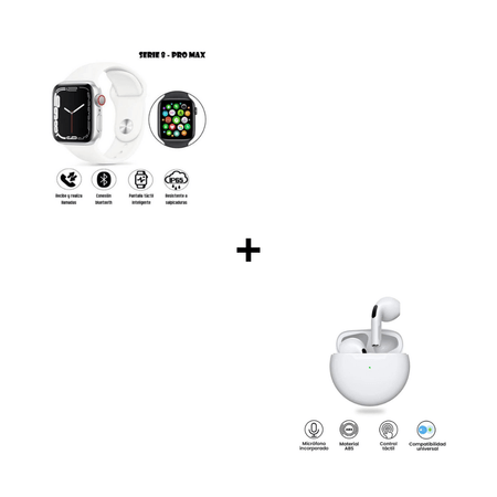 Combo Smartwatch I8 Pro Max Blanco + Audífonos Bluetooth Pro 6 Blanco