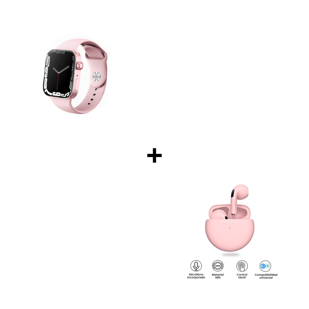 Combo Smartwatch I8 Pro Max Rosado + Audífonos Bluetooth Pro 6 Rosado