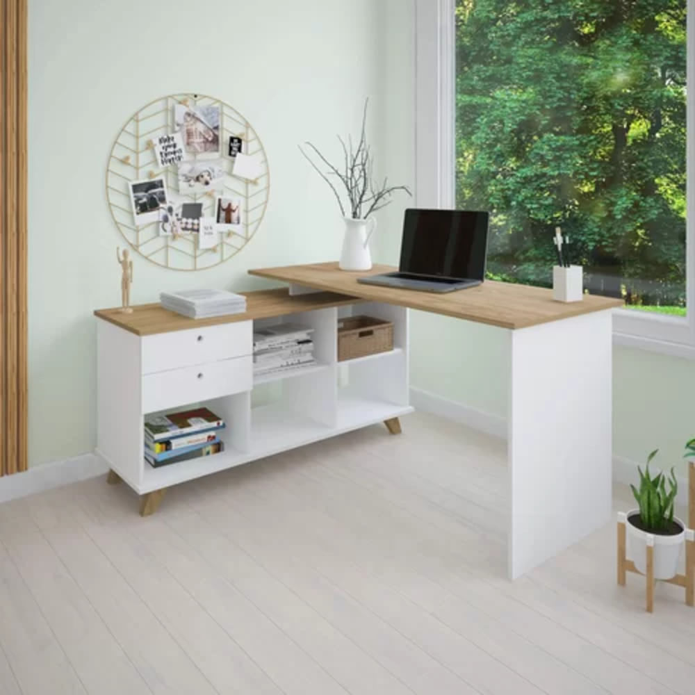 Escritorio Moderno en L + 2 cajones Alana color Blanco/Haya TU MESITA