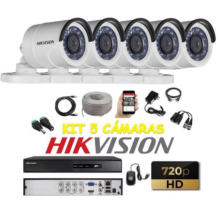 kit 5 Cámaras Seguridad Tubo Exterior HD Hikvision + Cable