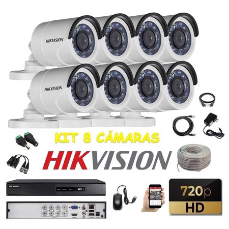 kit 8 Cámaras Seguridad Tubo Exterior HD Hikvision + Cable