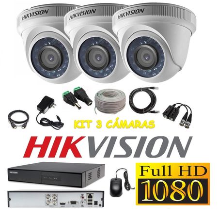 kit 3 Cámaras Seguridad Domo Interior FULLHD Hikvision + Cable