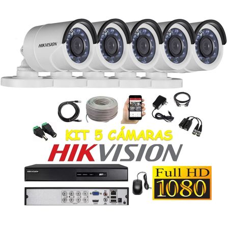 kit 5 Cámaras Seguridad Tubo Exterior FULLHD Hikvision + Cable