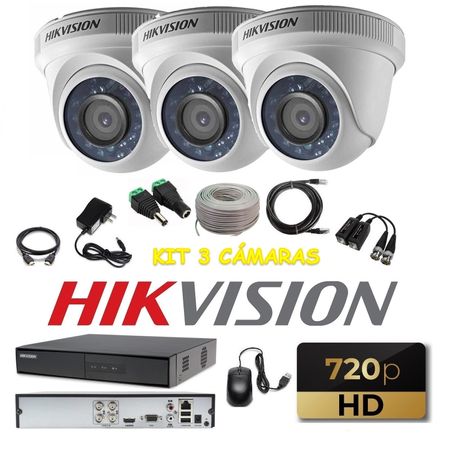 kit 3 Cámaras Seguridad Domo HD Hikvision + Cable