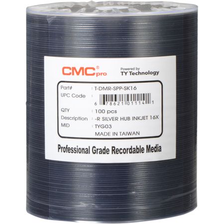 Discos Dvd R Cmc Pro 4.7Gb 16X Silver Inkjet Hub Printable Paquete de 100 Envoltura de Cinta