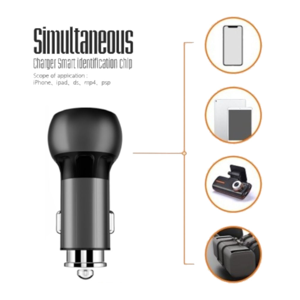 Cargador Metálico de Celular Súper Rápido para Automóvil 36W Doble USB-A