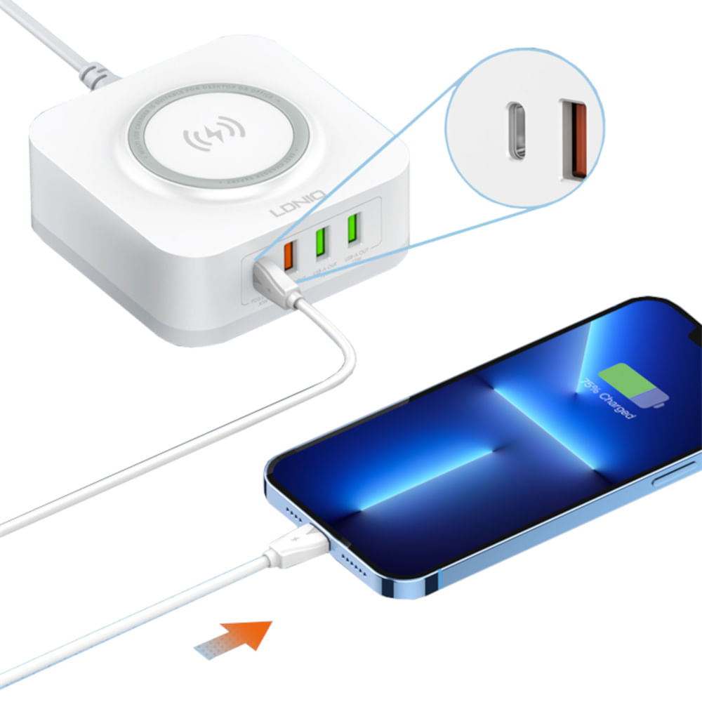 Cargador de Escritorio de 32W Carga Rápida AW004 Inalámbrica y 4 USB