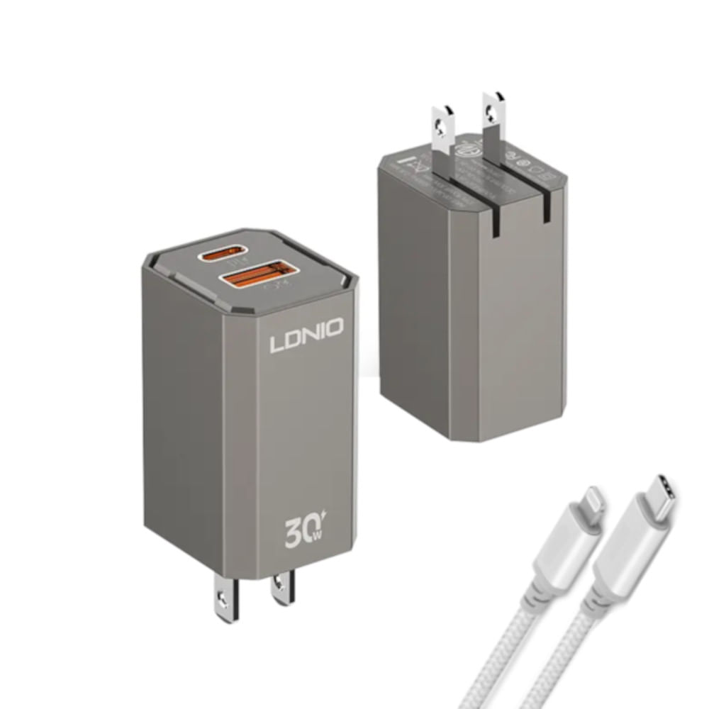Cargador de Carga Rápida 30W LDNIO A2527C Incluye Cable USB-C a Lightning
