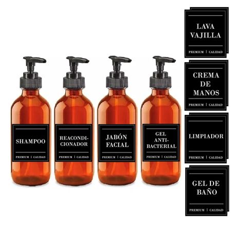 Set 4 Dipensadores Vidrio Con Etiquetas Negras Impermeables Para Jabón Shampoo Frascos 500ml