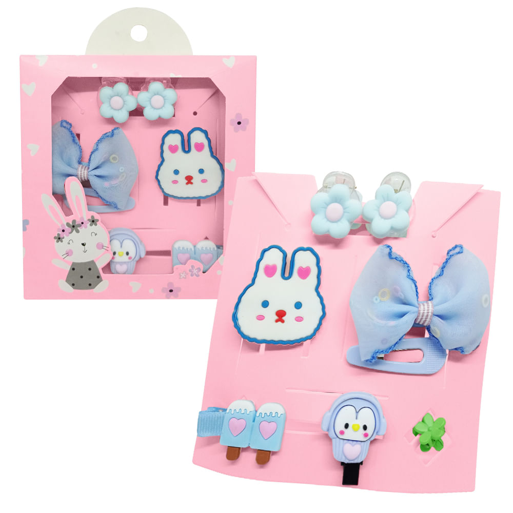 Set de 8 Ganchitos Kawaii Niñas Accesorio de Cabello S47 Celeste-Conejo