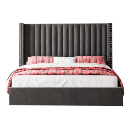 Cama Tapizada Listón LeMueble 2 plazas Plomo Oscuro con Tachuelas