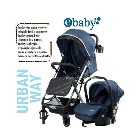 Coche Moisés Con Portabebe Asiento Intercambiable Ebaby Urban Way Azul