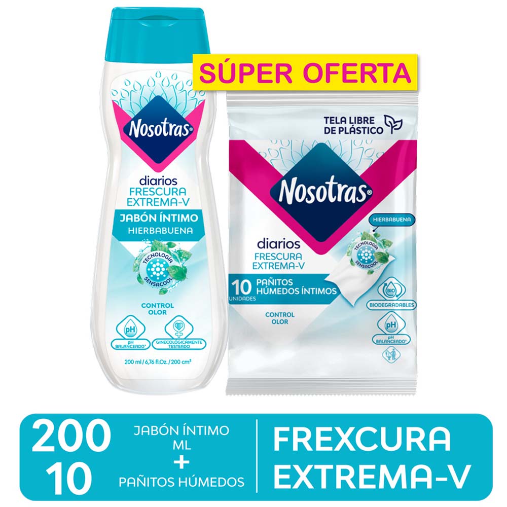 Jabón Íntimo Nosotras Frescura Extrema Frasco 200ml Pañitos Íntimos