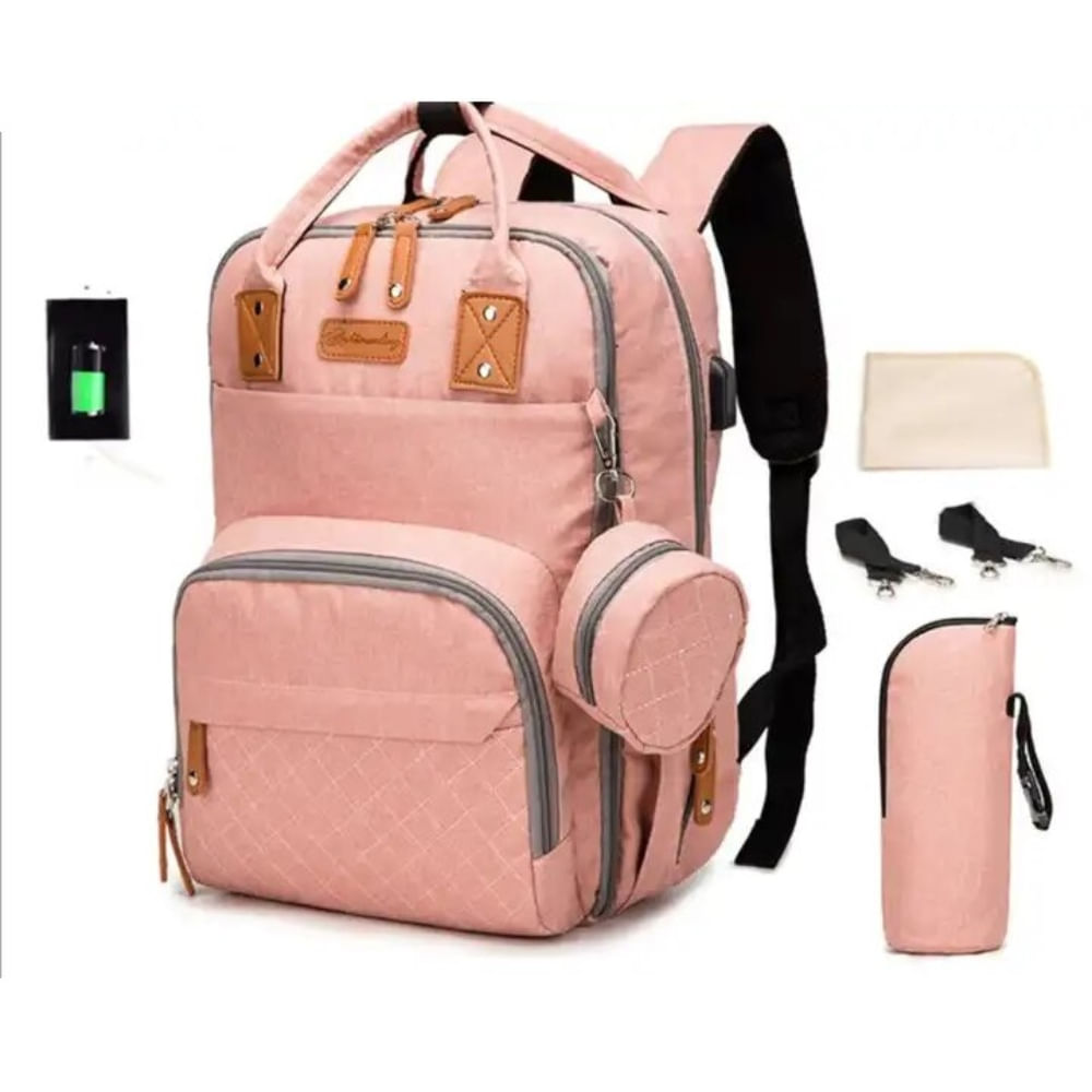 Mochila Bolso Pañalera Multiusos Laptop Puerto USB Rosado