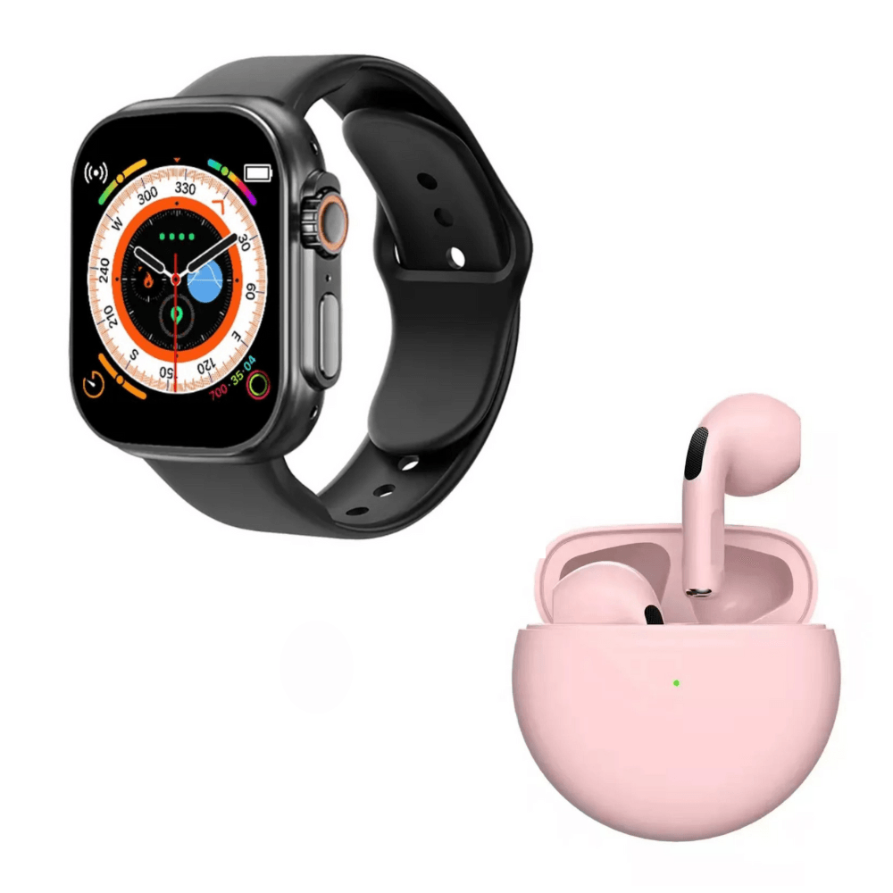Pack Smartwatch D20 Ultra Negro y Audífonos Pro 6 Rosado