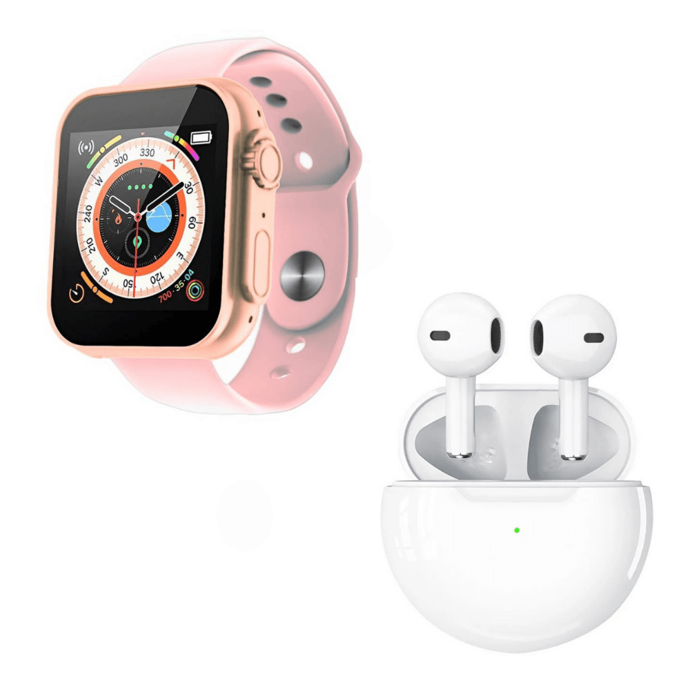 Pack Smartwatch D20 Ultra Rosado y Audífonos Pro 6 Blanco