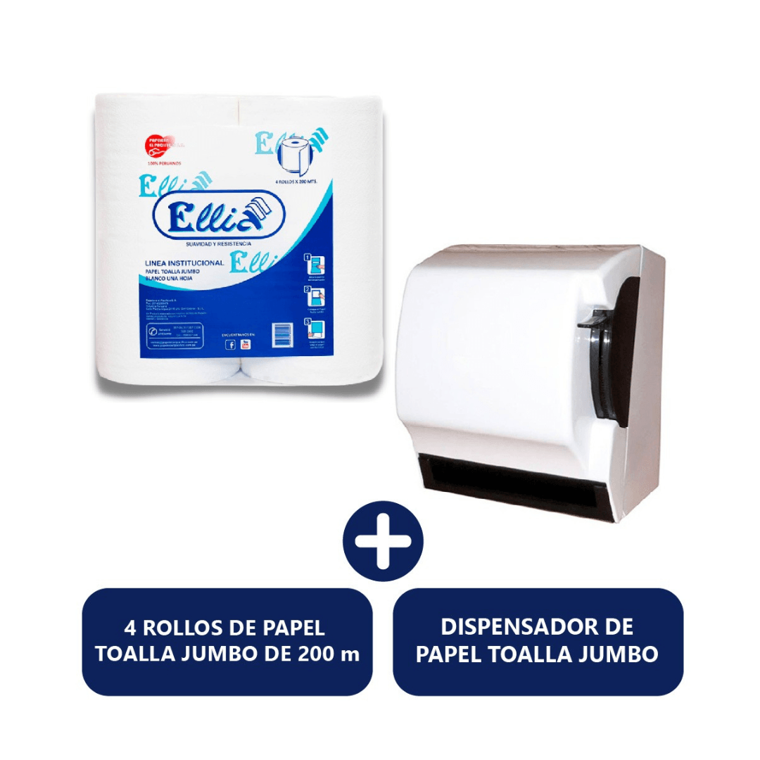 Papel toalla jumbo Ellia Blanco 4 x 200 m + Dispensador