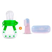 Set de 3 Chupones Anti-ahogo Verde + Cepillo Dedal para Dientes y Encías Transparente