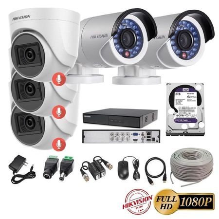 kit 5 Cámaras Seguridad FULLHD Hikvision + 2TB + AUDIO + Cable