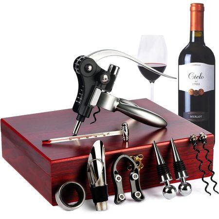 Kit para Abrir Botellas de Vinos de Acero con Caja de Madera