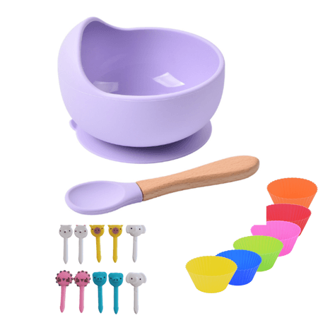 Set Cuenco de Silicona con Cuchara + Set de Moldes de Silicona +Palitos de fruta Lila