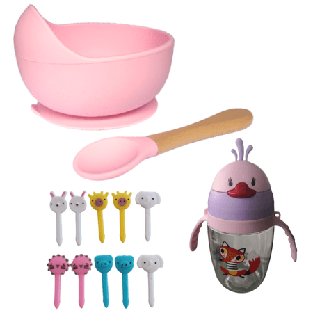 Set Cuenco de Silicona con Cuchara + Botella de Aprendizaje Rosado