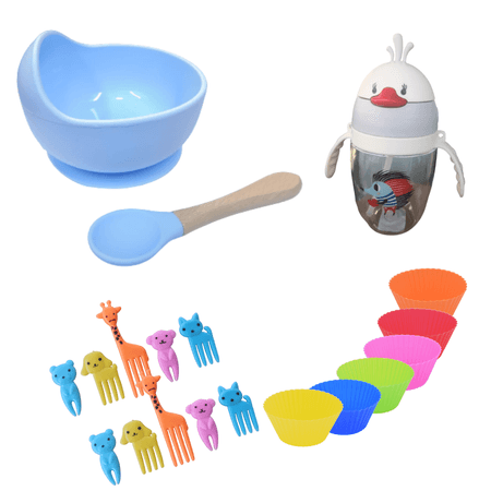 Set Cuenco de Silicona con Cuchara + Botella de Aprendizaje Celeste+ Pirotines