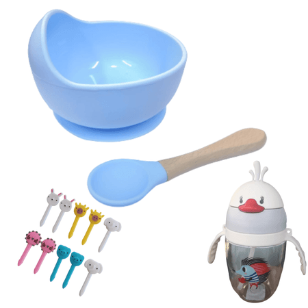 Set Cuenco de Silicona con Cuchara + Botella de Aprendizaje Celeste